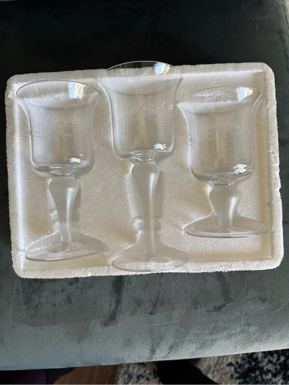 Princess House Clear Etched Crystal Wine Glasses with Frosted Stems